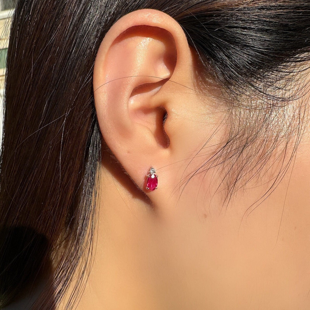 Genuine Ruby and Diamond Oval Studs / 14k Solid White Gold