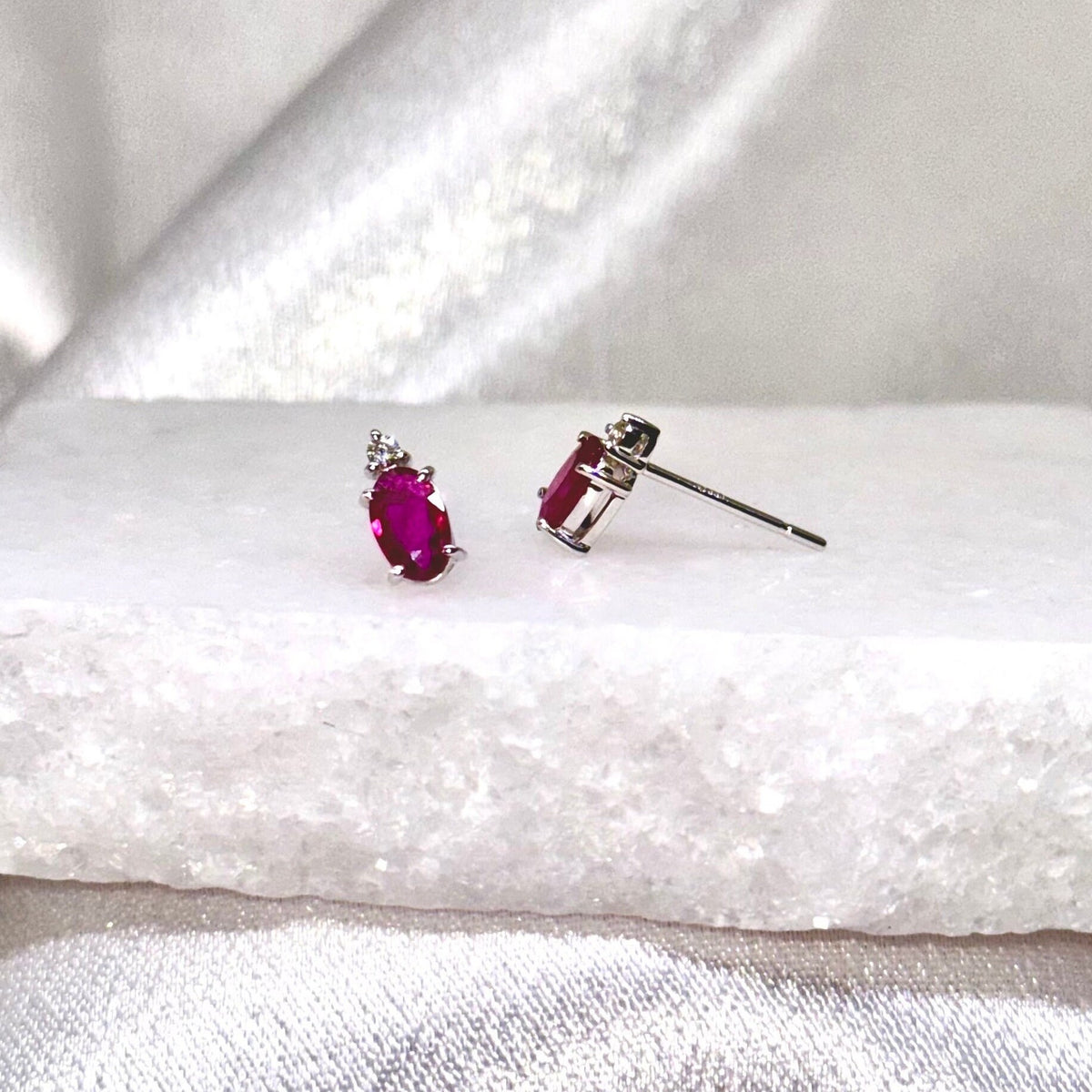 Genuine Ruby and Diamond Oval Studs / 14k Solid White Gold