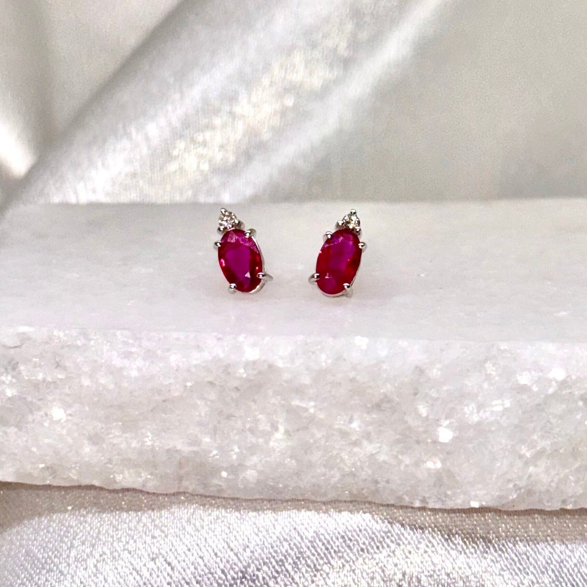 Genuine Ruby and Diamond Oval Studs / 14k Solid White Gold
