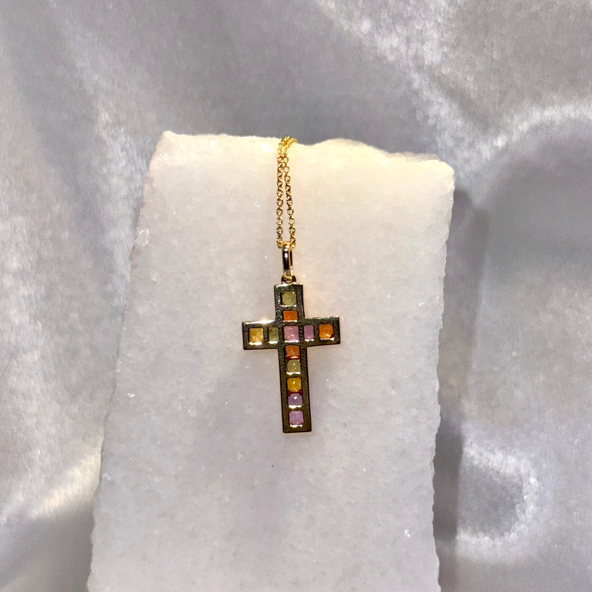 14k Solid Gold Rainbow Sapphire Diamond Cross Pendant, September Birthstone Jewelry
