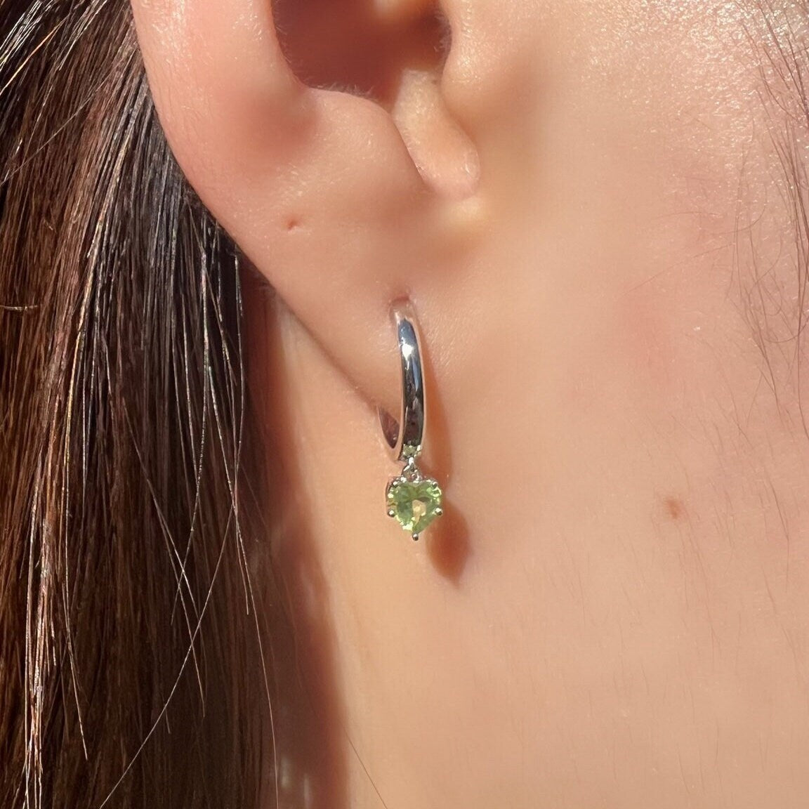 Genuine Peridot Heart Dangle Hoop Earrings, 14k Solid Gold, August Birthstone, Gift for Her
