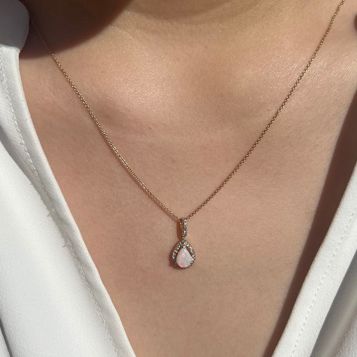 18k Solid Yellow Gold Pear Opal Diamond Pendant