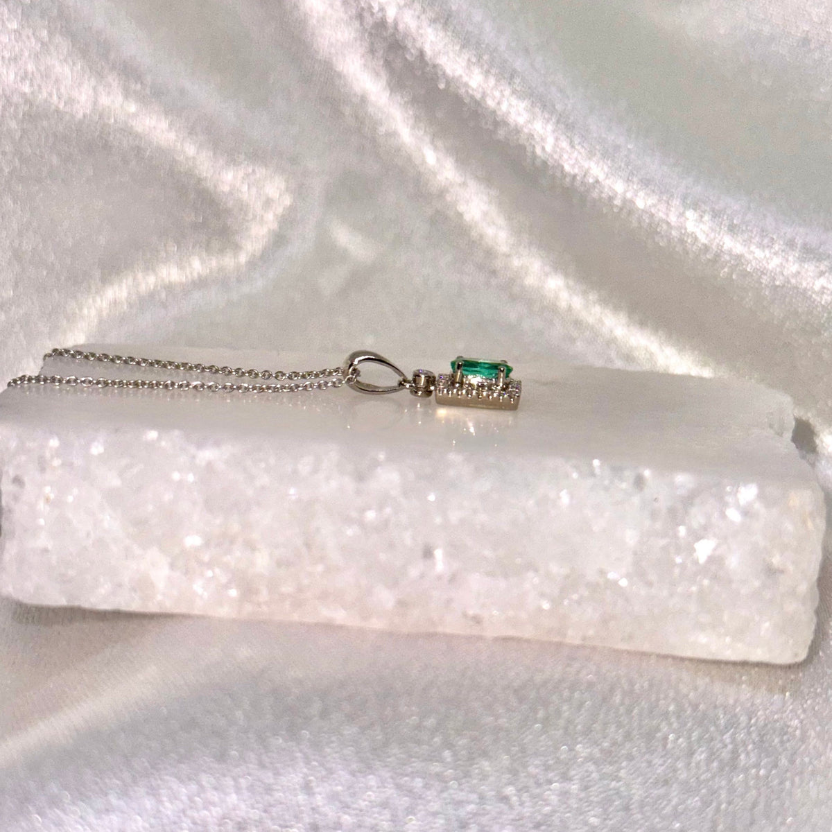 Genuine Oval Cut Emerald and Diamond Prism Pendant / 14k Solid Gold