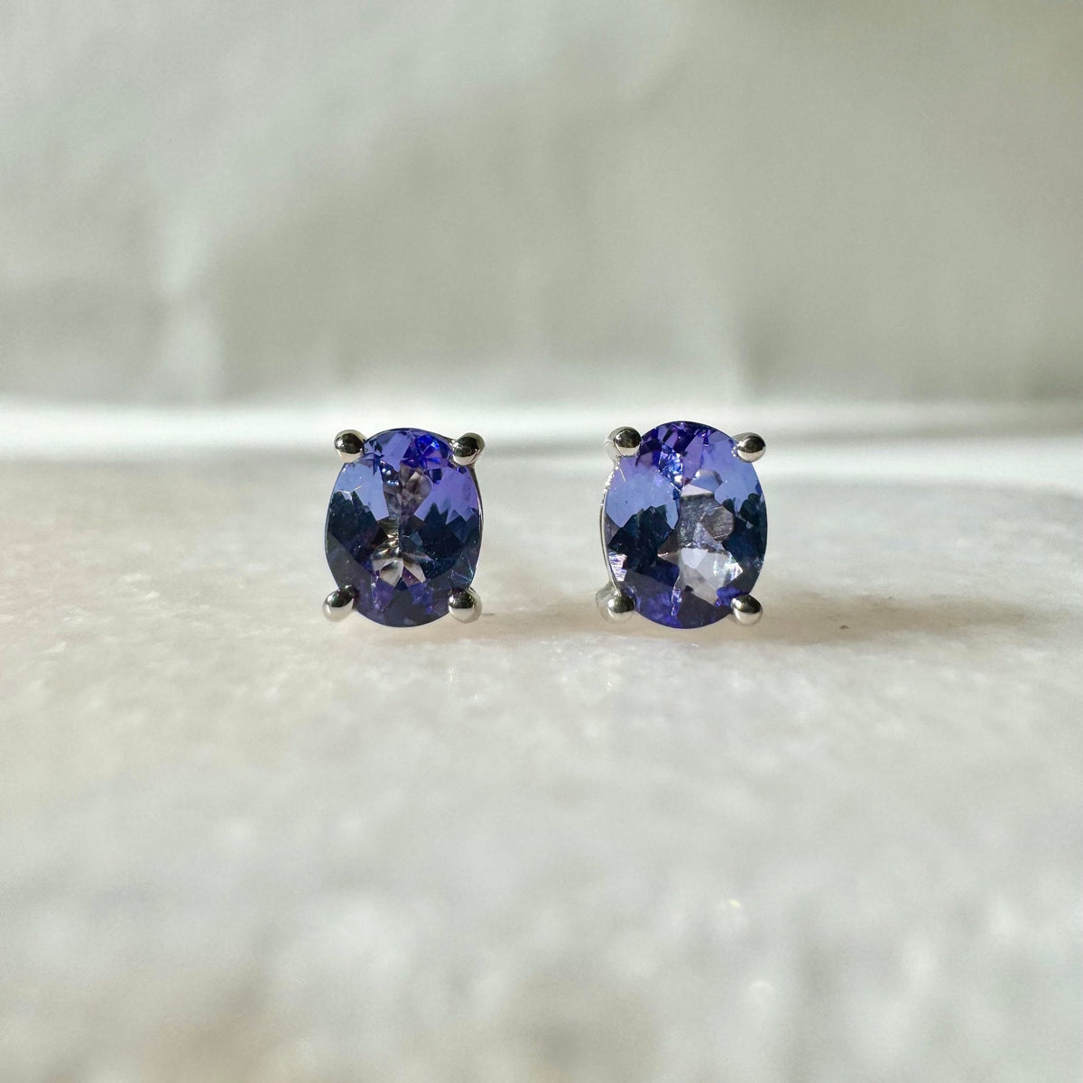 Genuine Tanzanite Stud Earrings, Oval Cut Solitaire, 14k Solid Gold, December Birthstone