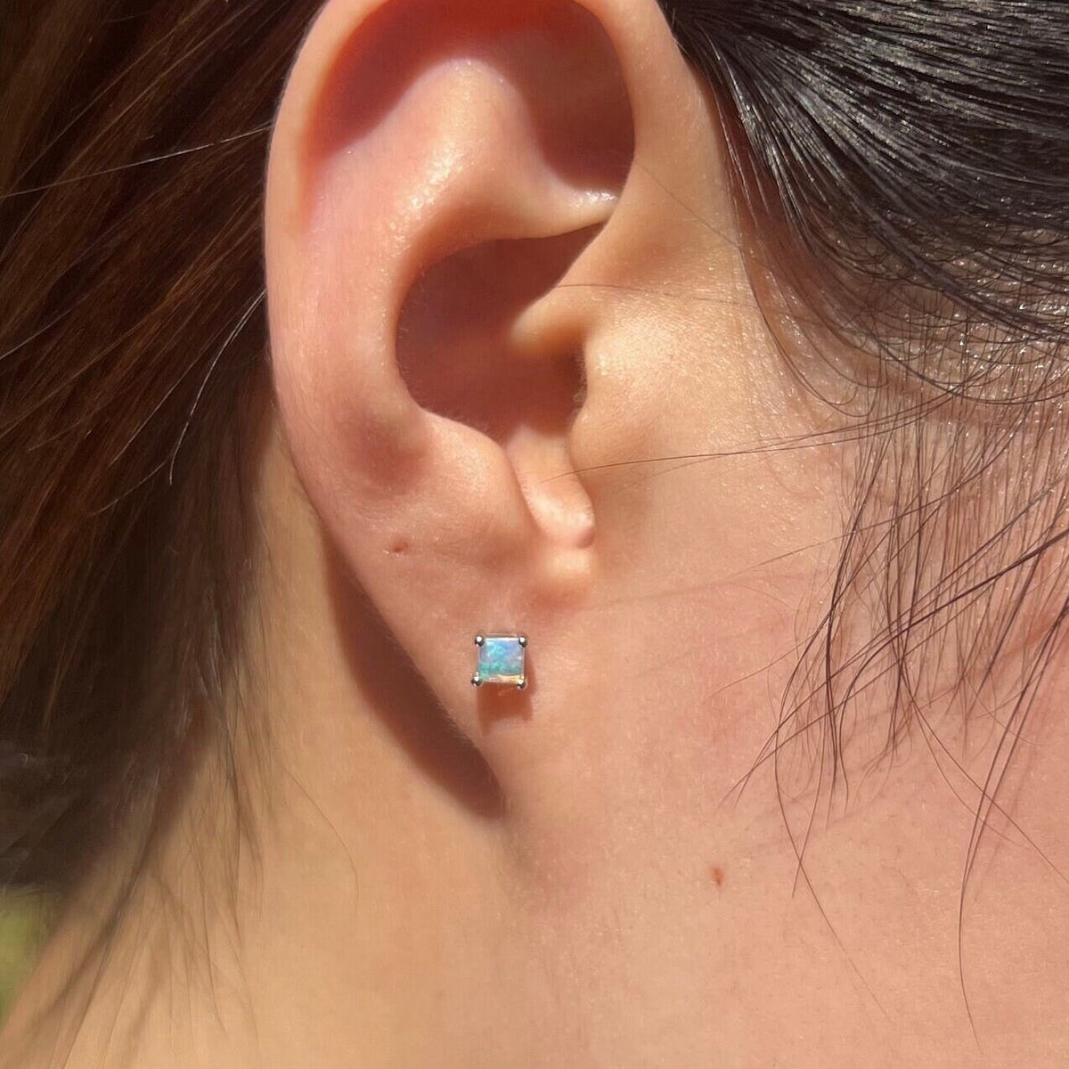 Genuine Opal 4mm Princess Cut Solitaire Stud Earrings / 14k Solid Gold