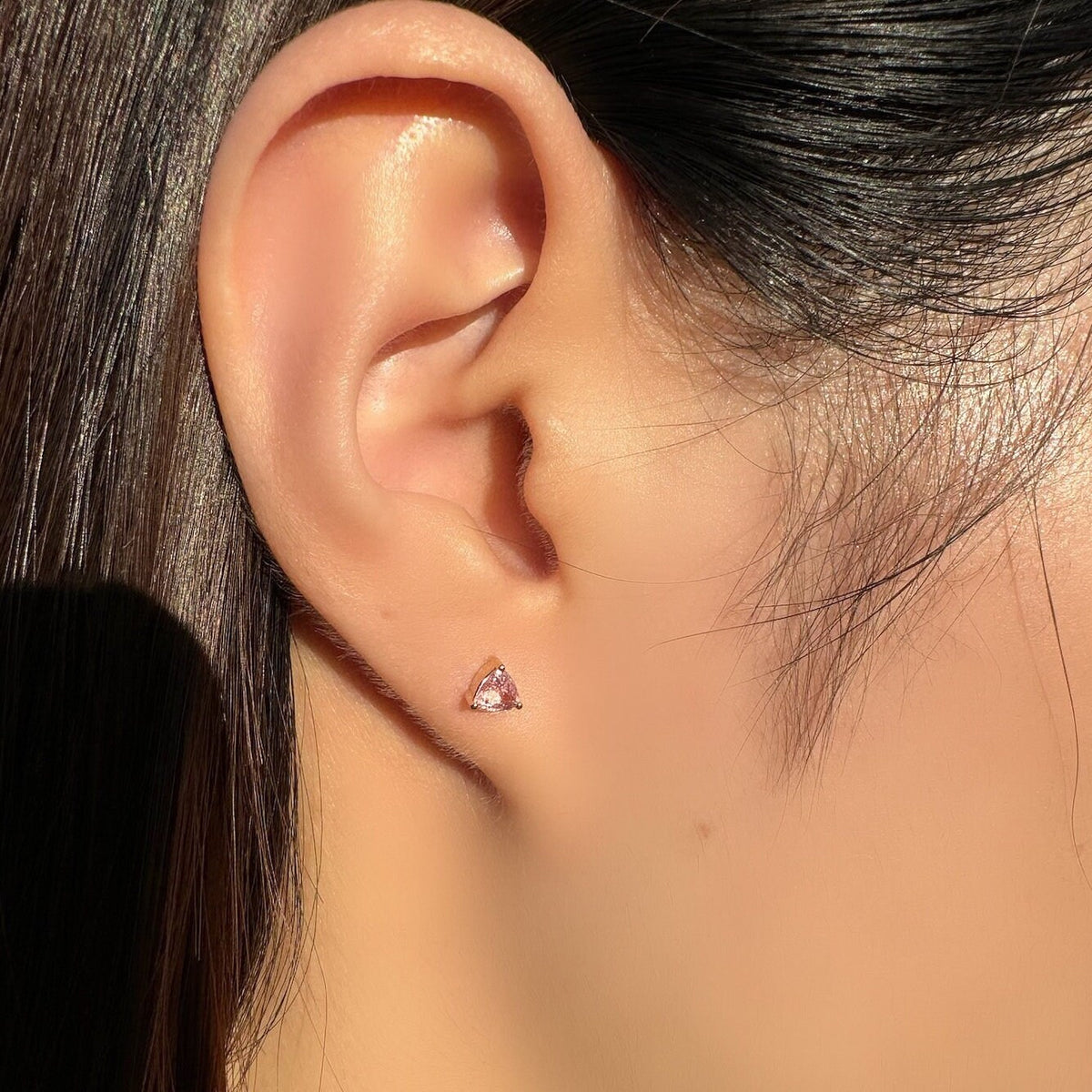 Genuine Pink Sapphire Trillion Cut Stud Earrings, 14k Solid Gold, September Birthstone Gift