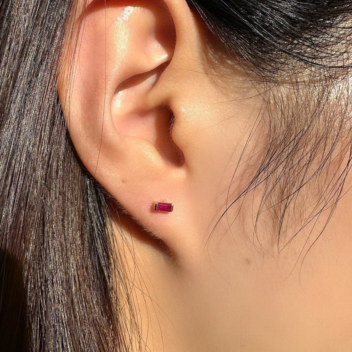 Genuine Ruby Mini Bezel Stud Earrings / 14k Solid Gold