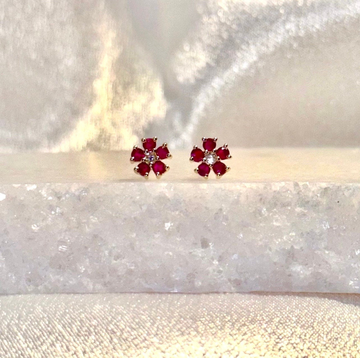 Genuine Ruby and Diamond Flower Stud Earrings / 14k Solid Gold