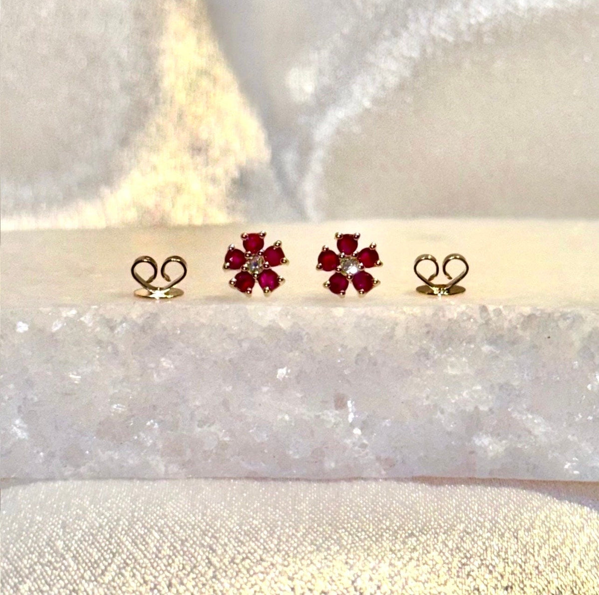 Genuine Ruby and Diamond Flower Stud Earrings / 14k Solid Gold
