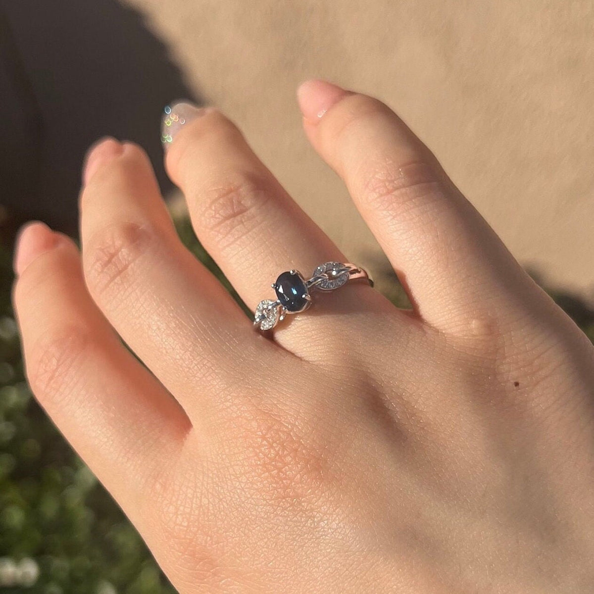Genuine Sapphire and Diamond Oval Ring｜14k Solid White Gold