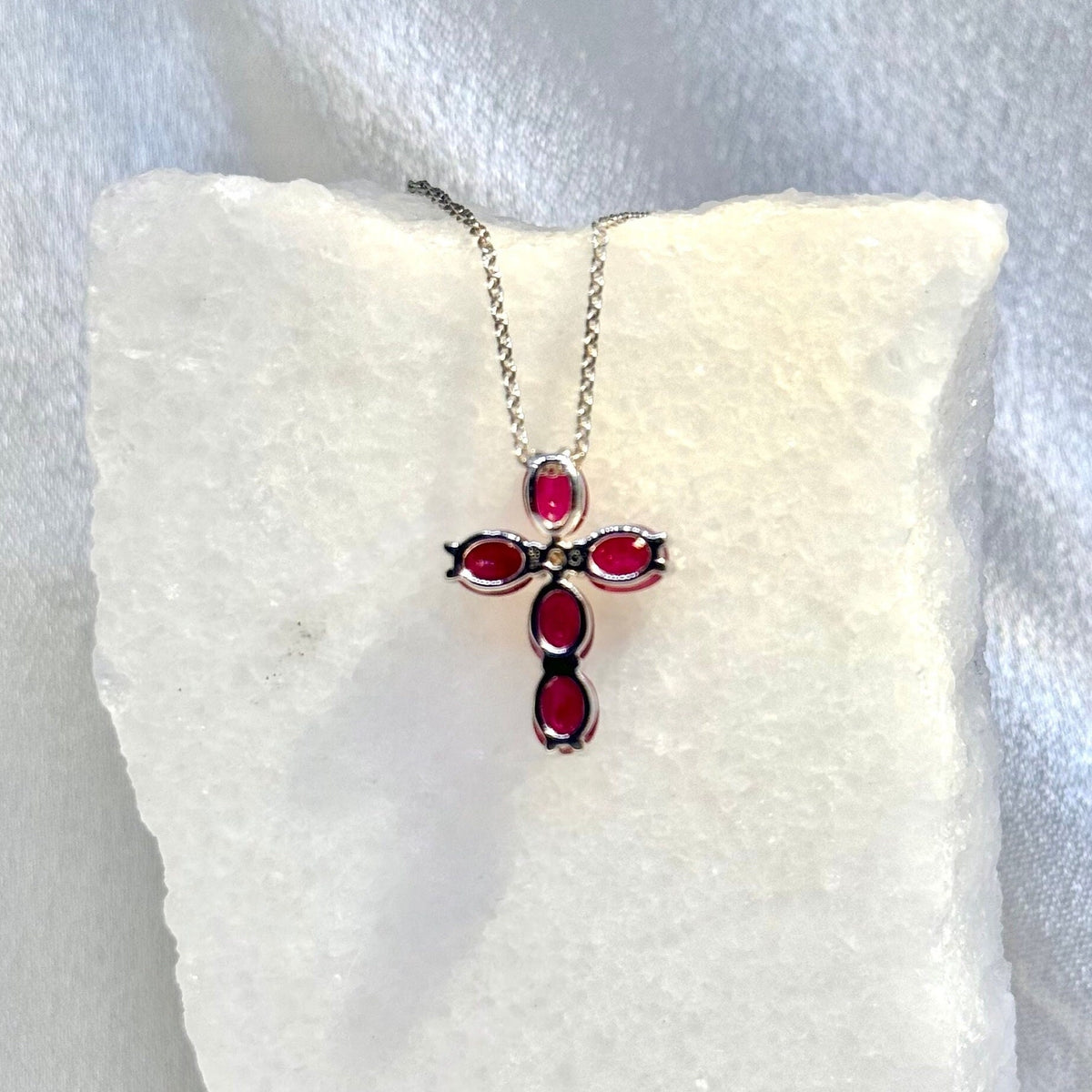 Genuine Ruby and Diamond Cross Pendant | 18k Solid White Gold