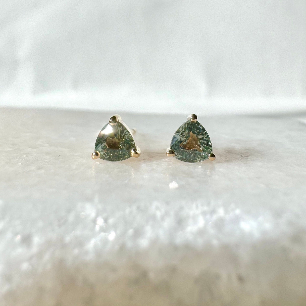 Genuine Green Sapphire Trillion Cut Stud Earrings / 14k Solid Gold