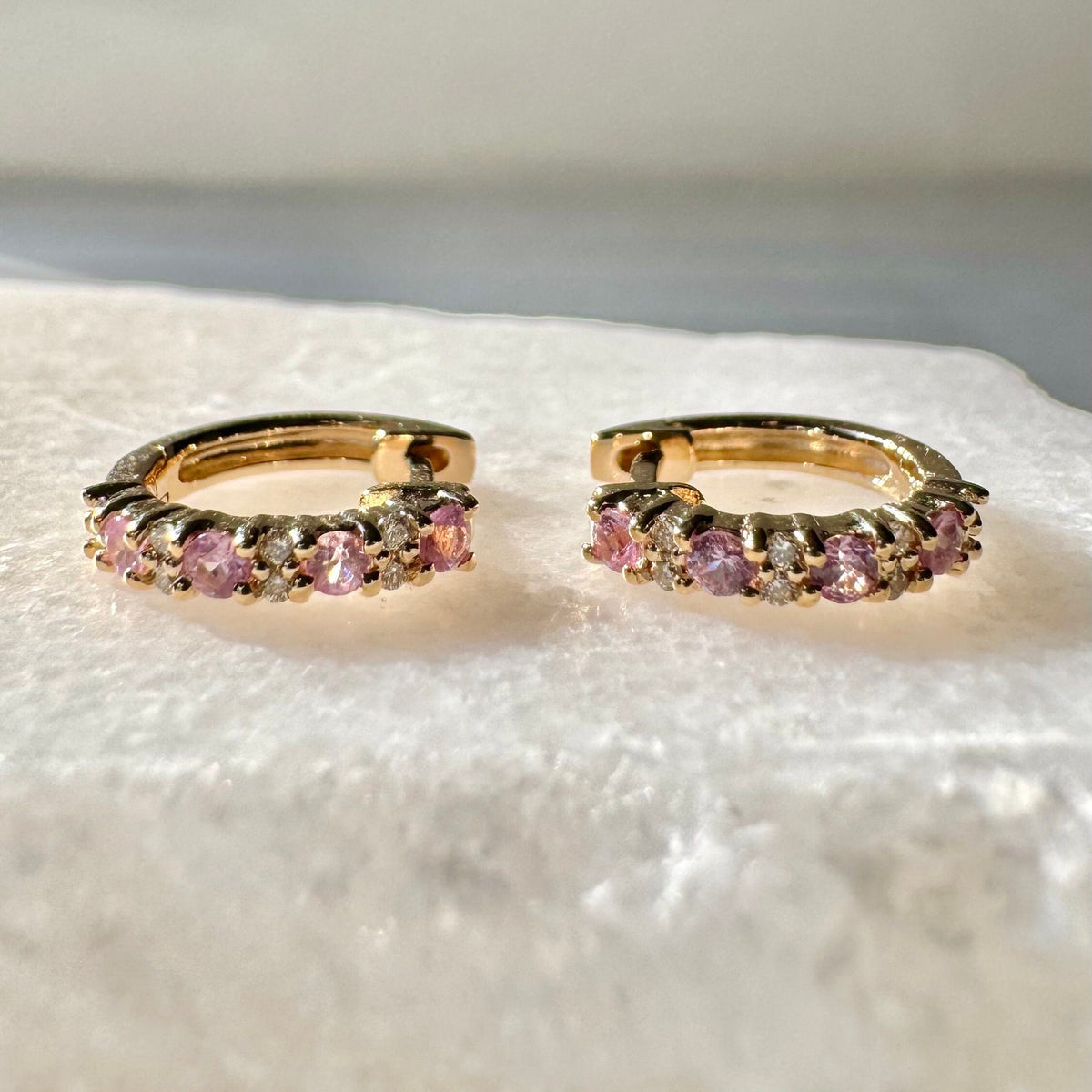 14k Rose Gold Huggie Hoop Earrings, Pink Sapphire & Diamond, September Birthstone