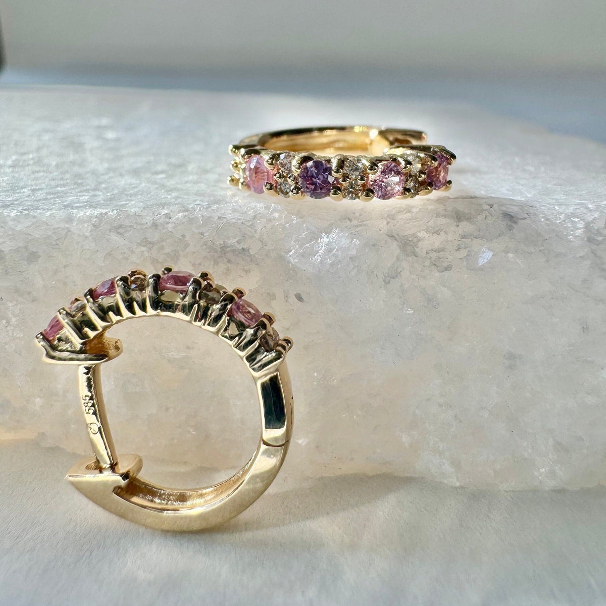 14k Rose Gold Huggie Hoop Earrings, Pink Sapphire & Diamond, September Birthstone