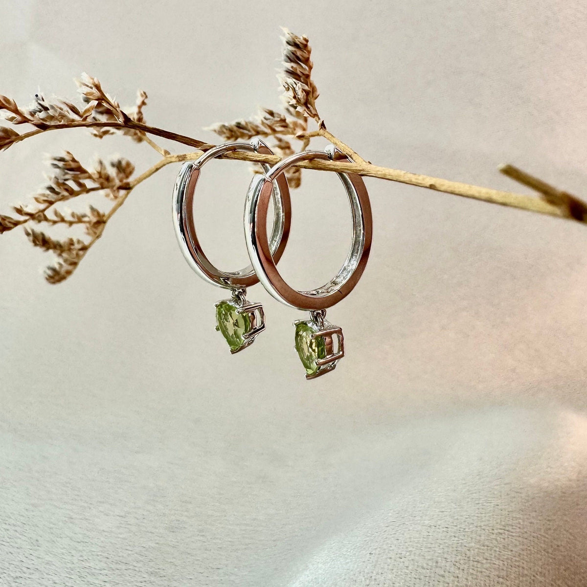 Genuine Peridot Heart Dangle Hoop Earrings, 14k Solid Gold, August Birthstone, Gift for Her