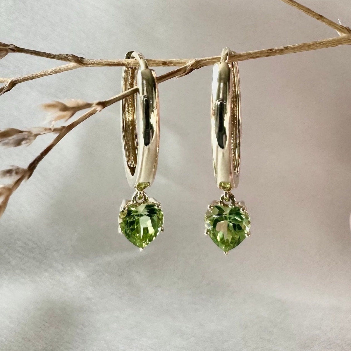 Genuine Peridot Heart Dangle Hoop Earrings, 14k Solid Gold, August Birthstone, Gift for Her