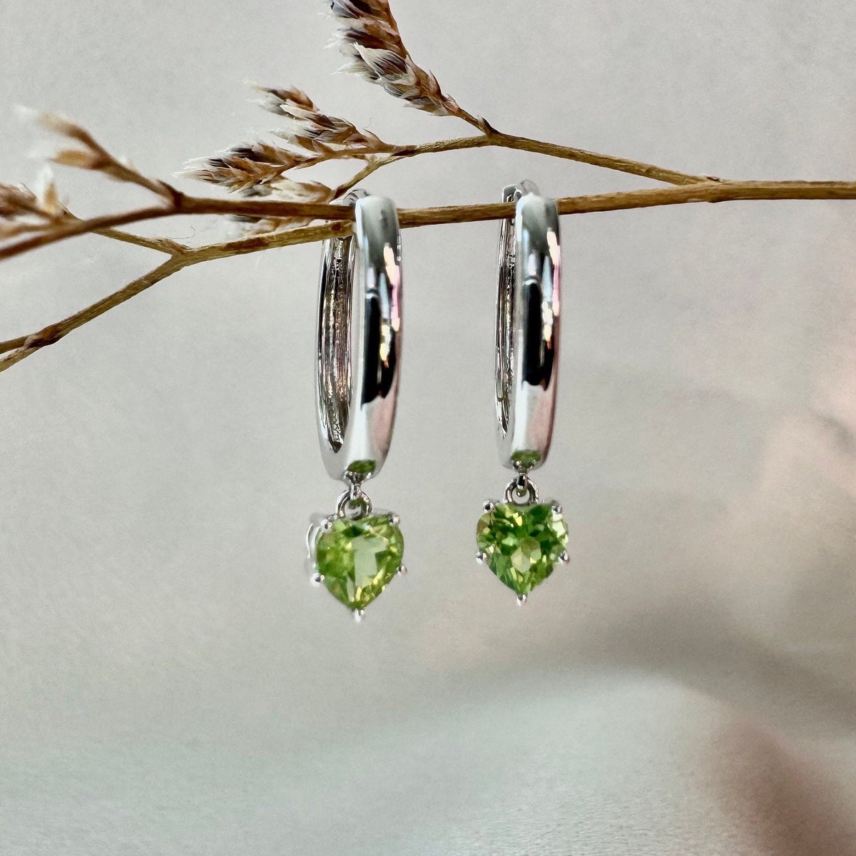 Genuine Peridot Heart Dangle Hoop Earrings, 14k Solid Gold, August Birthstone, Gift for Her