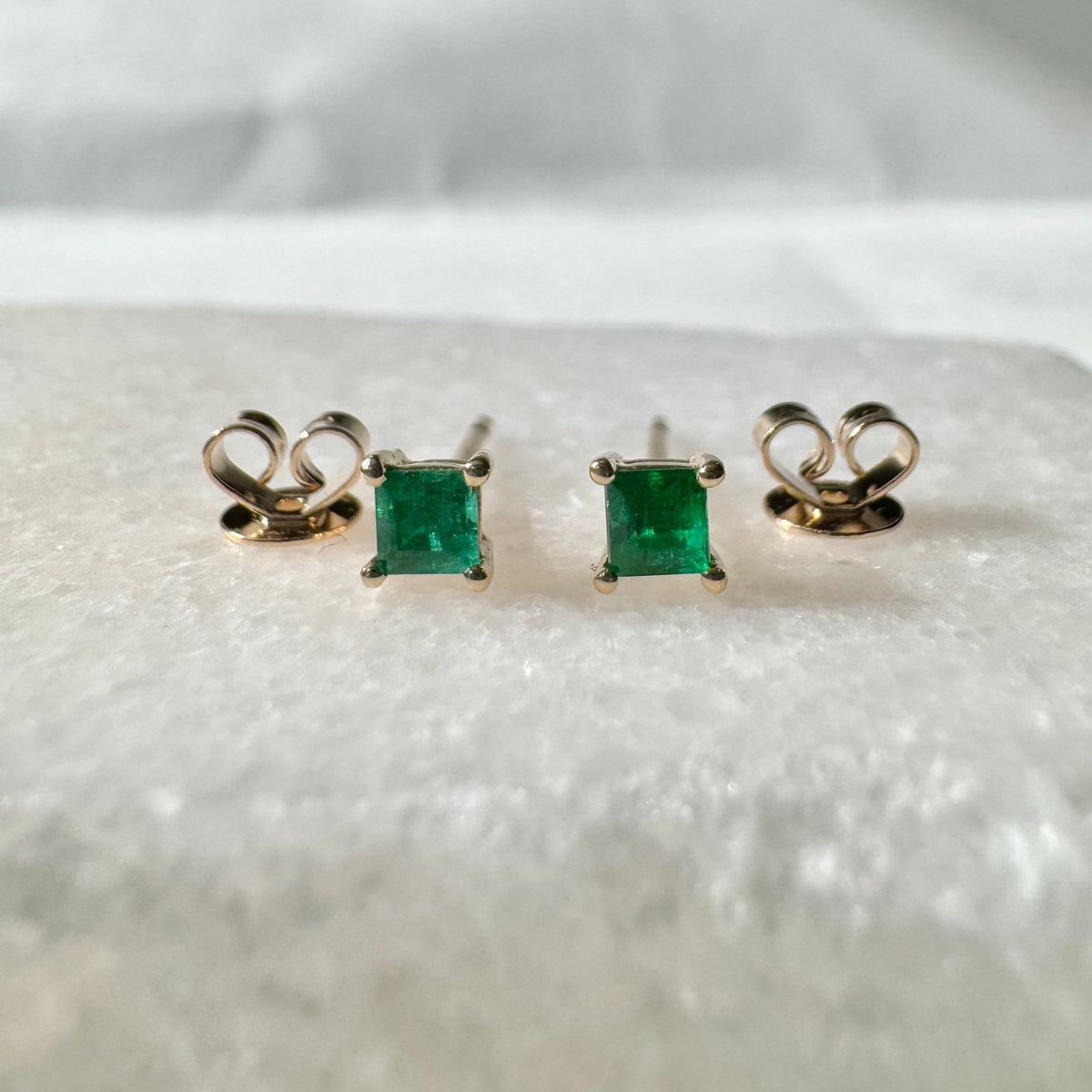 Genuine Emerald Princess Cut Stud Earrings / 14k Solid Gold