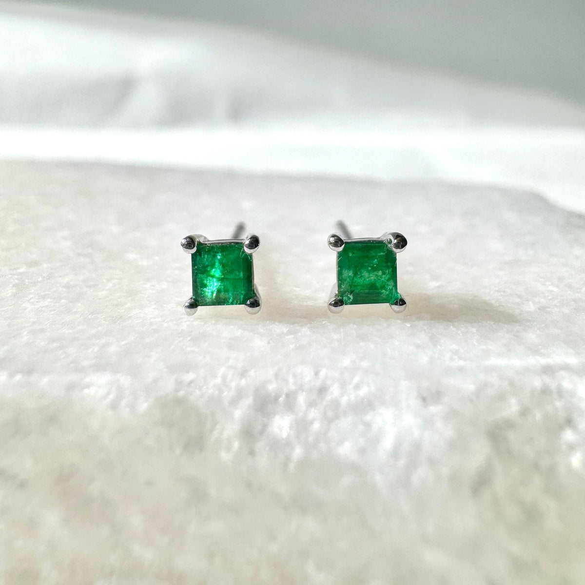 Genuine Emerald Princess Cut Stud Earrings / 14k Solid Gold