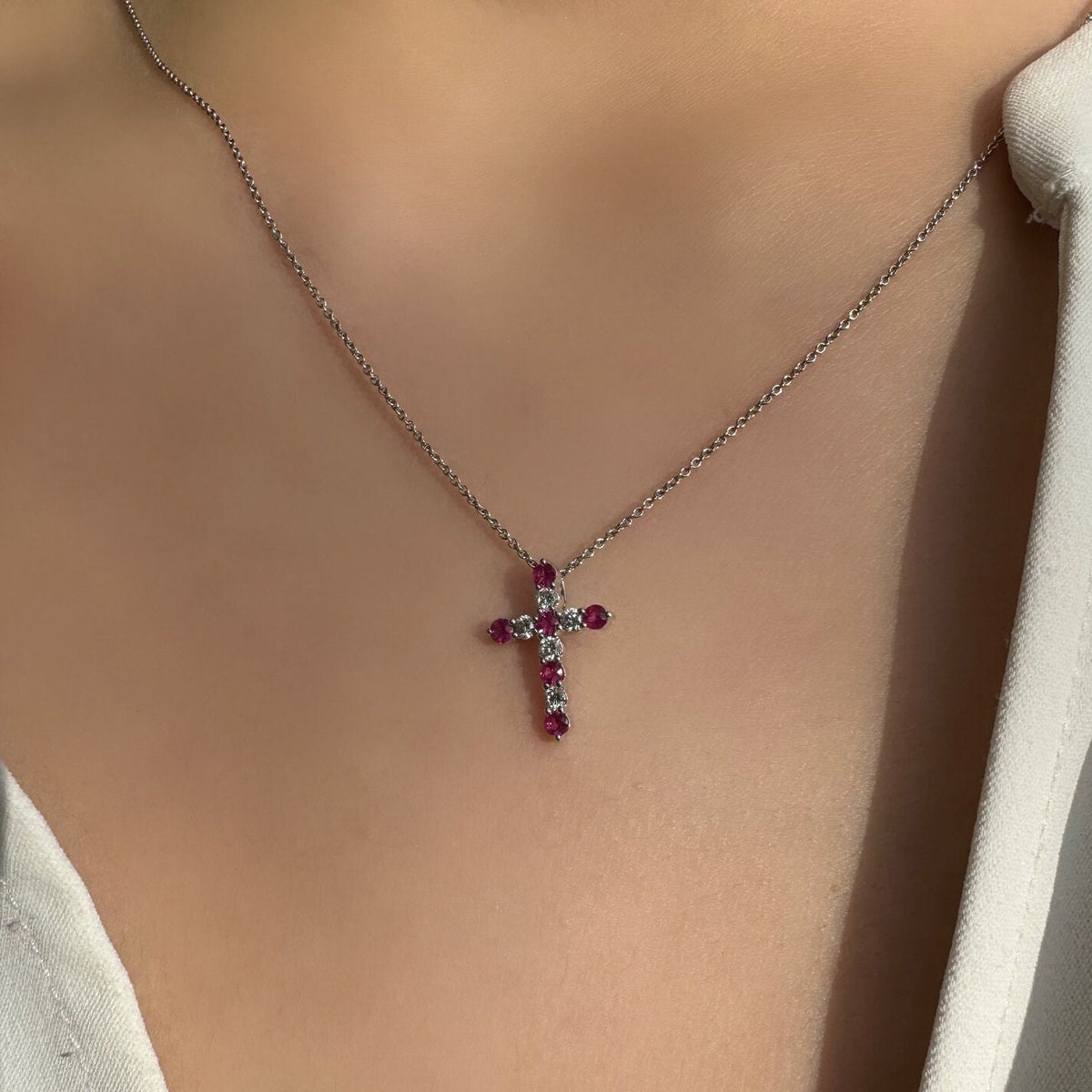 Genuine Ruby and Diamond Cross Pendant in 14k Solid Gold