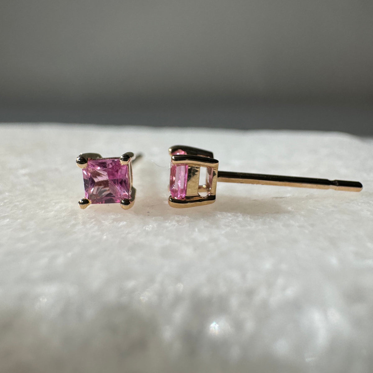 Genuine Pink Sapphire Princess Cut Stud Earrings / 14k Solid Gold