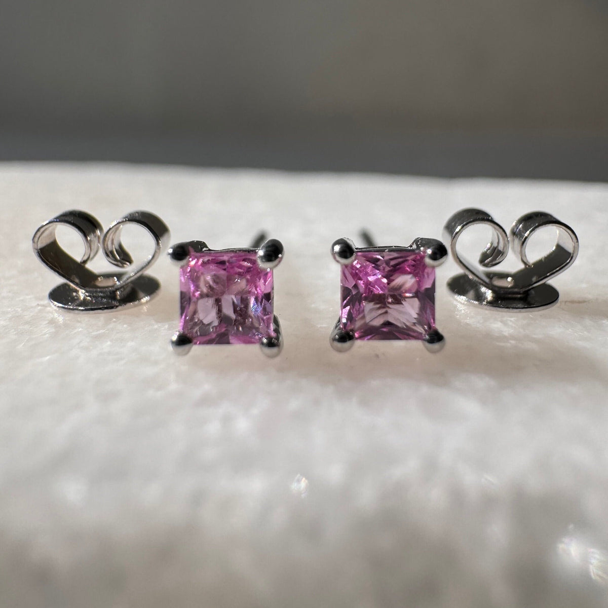 Genuine Pink Sapphire Princess Cut Stud Earrings / 14k Solid Gold