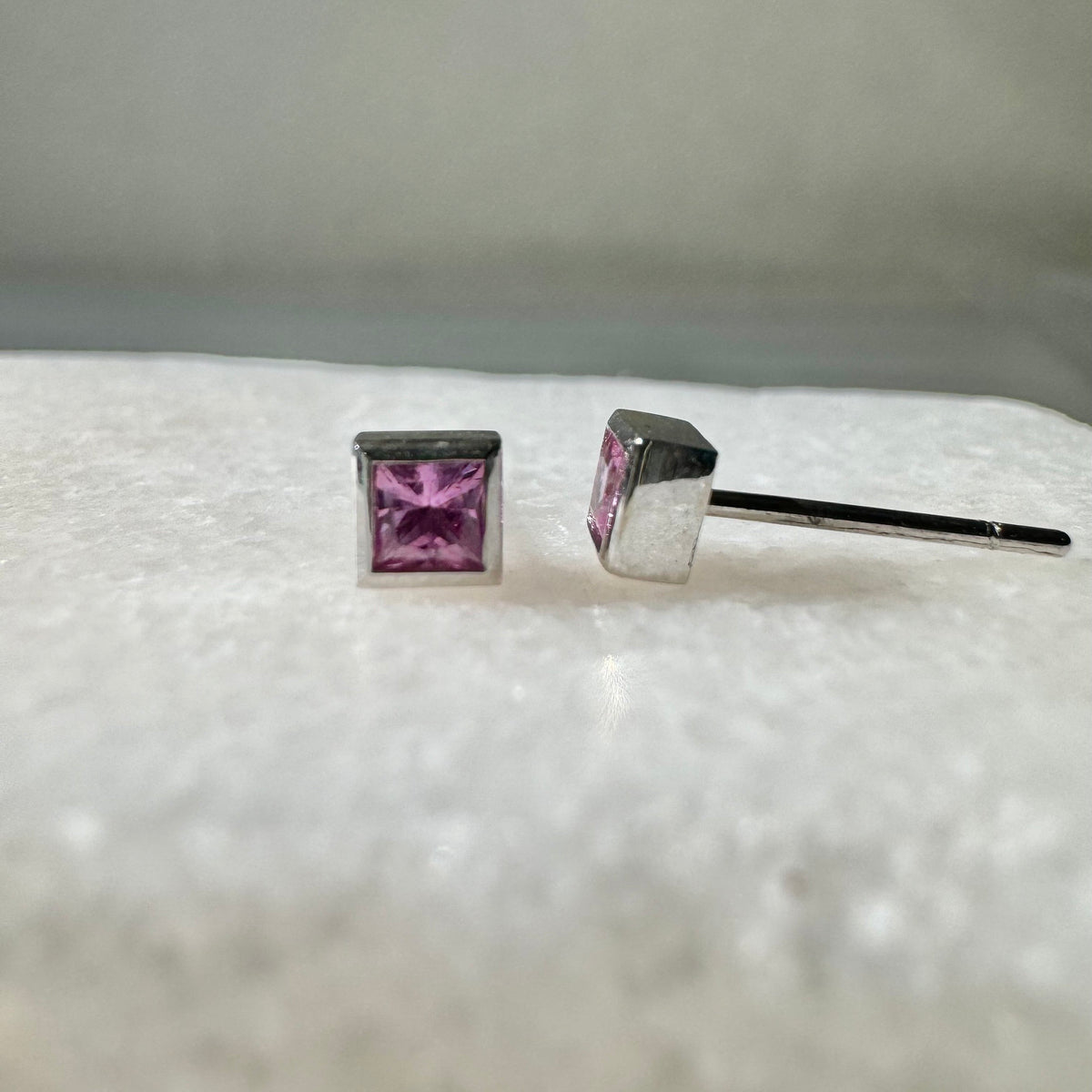 Genuine Pink Sapphire Princess Cut with Square Gold Edge Stud Earrings / 14k Solid Gold