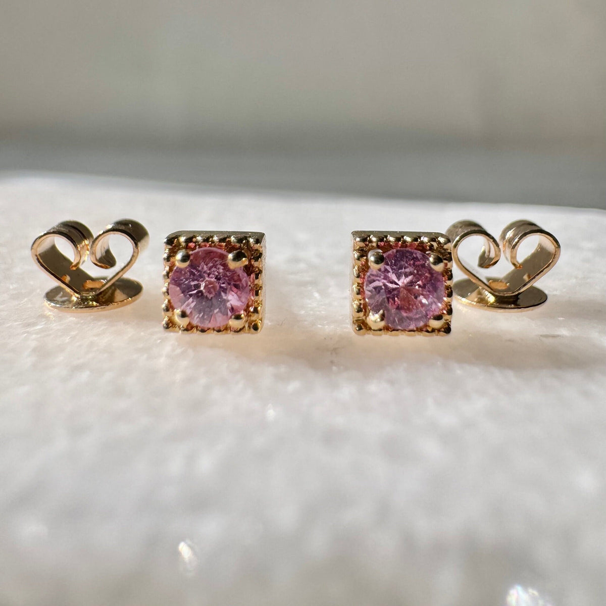 Genuine Pink Sapphire Round Stud Earrings, Square Gold Trim in 14k and 18k Solid Gold