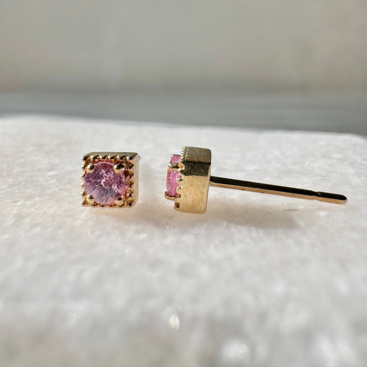 Genuine Pink Sapphire Round Stud Earrings, Square Gold Trim in 14k and 18k Solid Gold