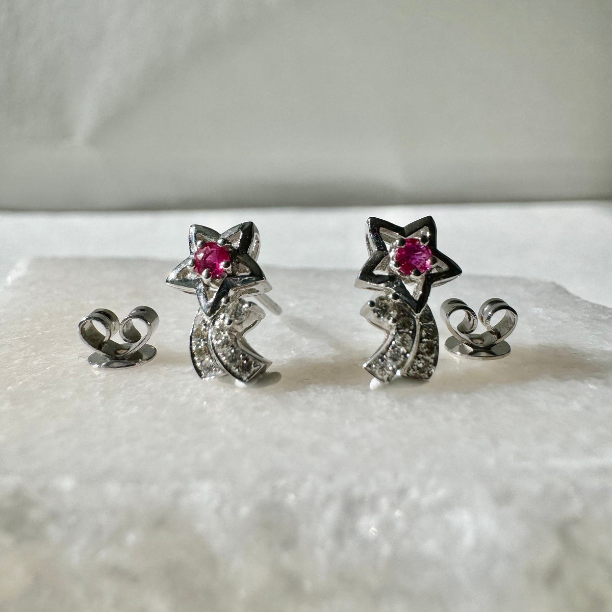 Genuine Ruby Diamond All Star Earrings, 14k Solid White Gold, July Birthstone