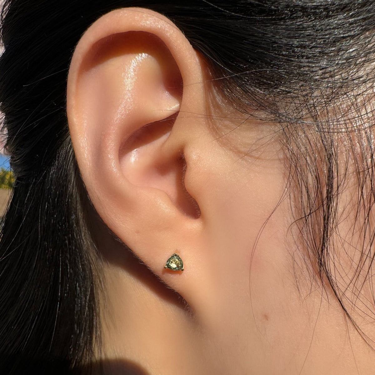 Genuine Green Sapphire Trillion Cut Stud Earrings / 14k Solid Gold