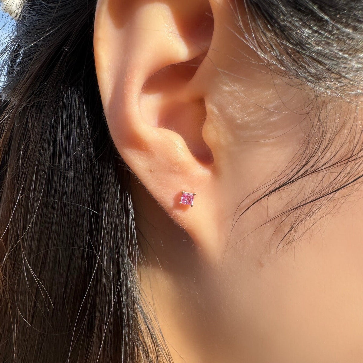 Genuine Pink Sapphire Princess Cut Stud Earrings / 14k Solid Gold
