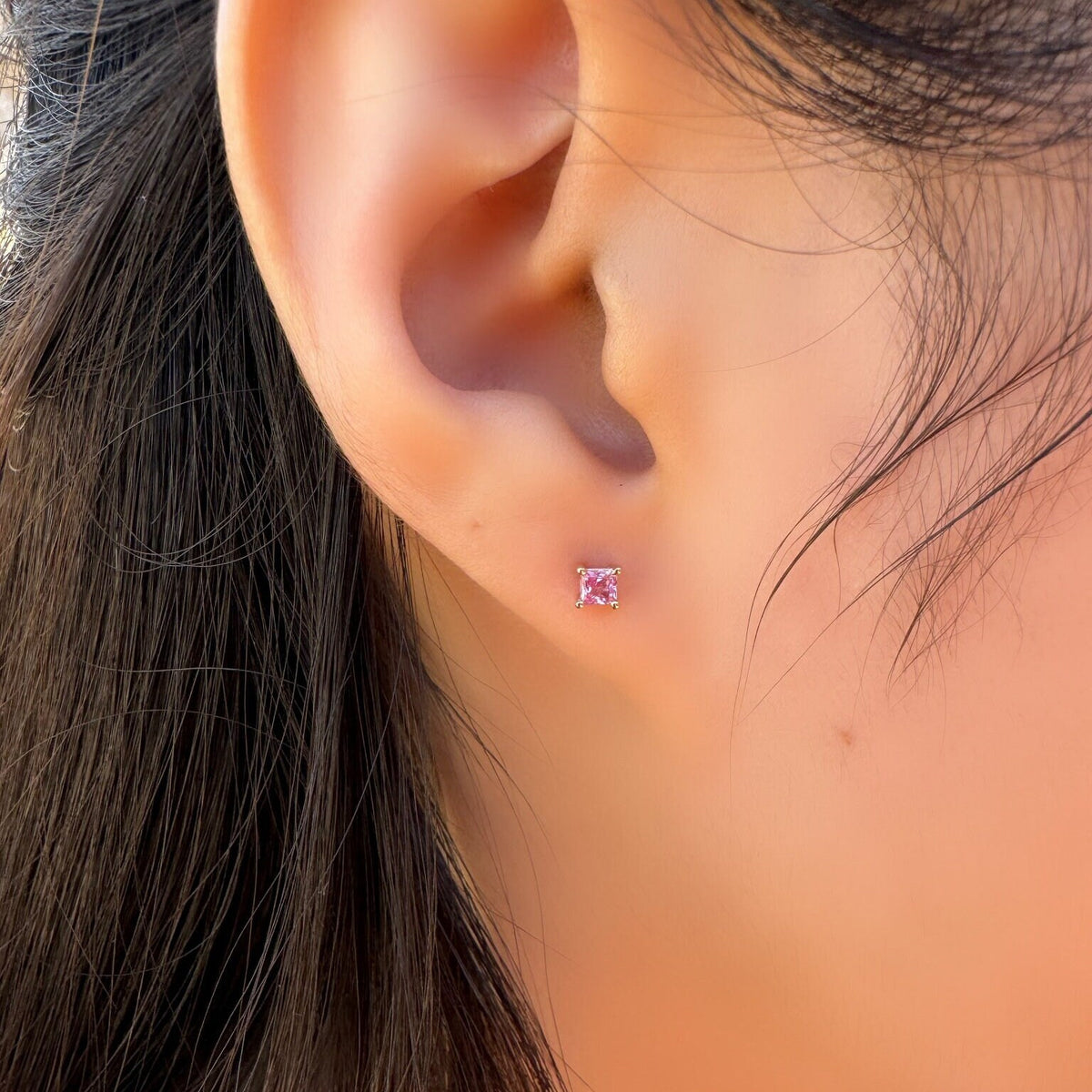 Genuine Pink Sapphire Princess Cut Stud Earrings / 14k Solid Gold