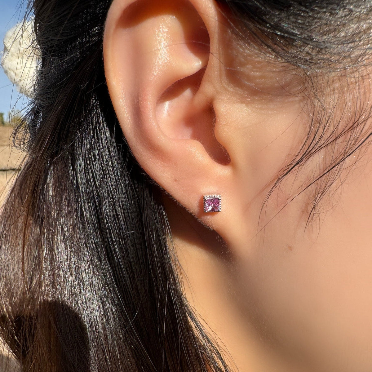 Genuine Pink Sapphire Princess Cut Stud Earrings, 14k Solid Gold, September Birthstone