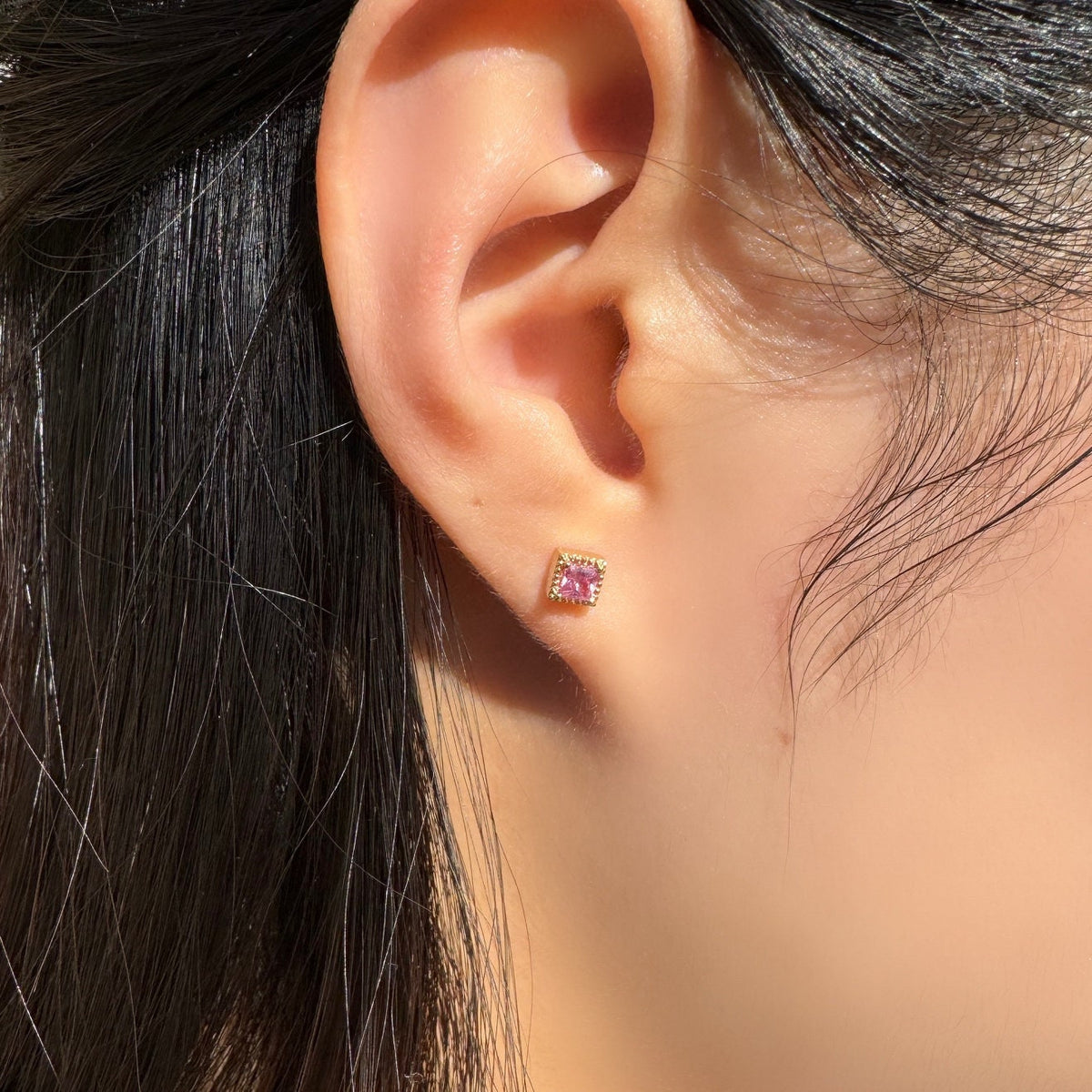 Genuine Pink Sapphire Princess Cut Stud Earrings, 14k Solid Gold, September Birthstone