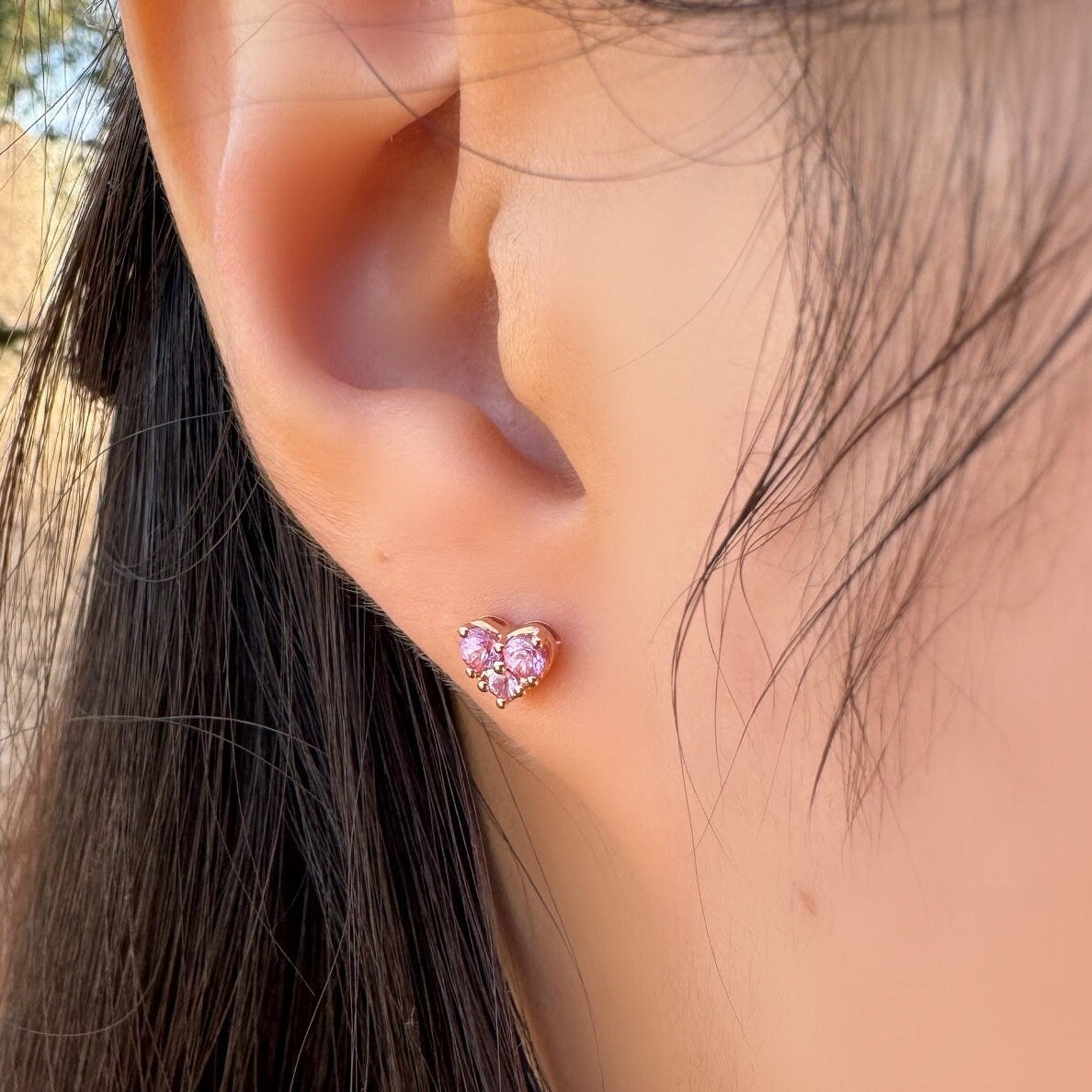 Natural Pink Sapphire Studs / 14k Solid Gold Heart Earrings