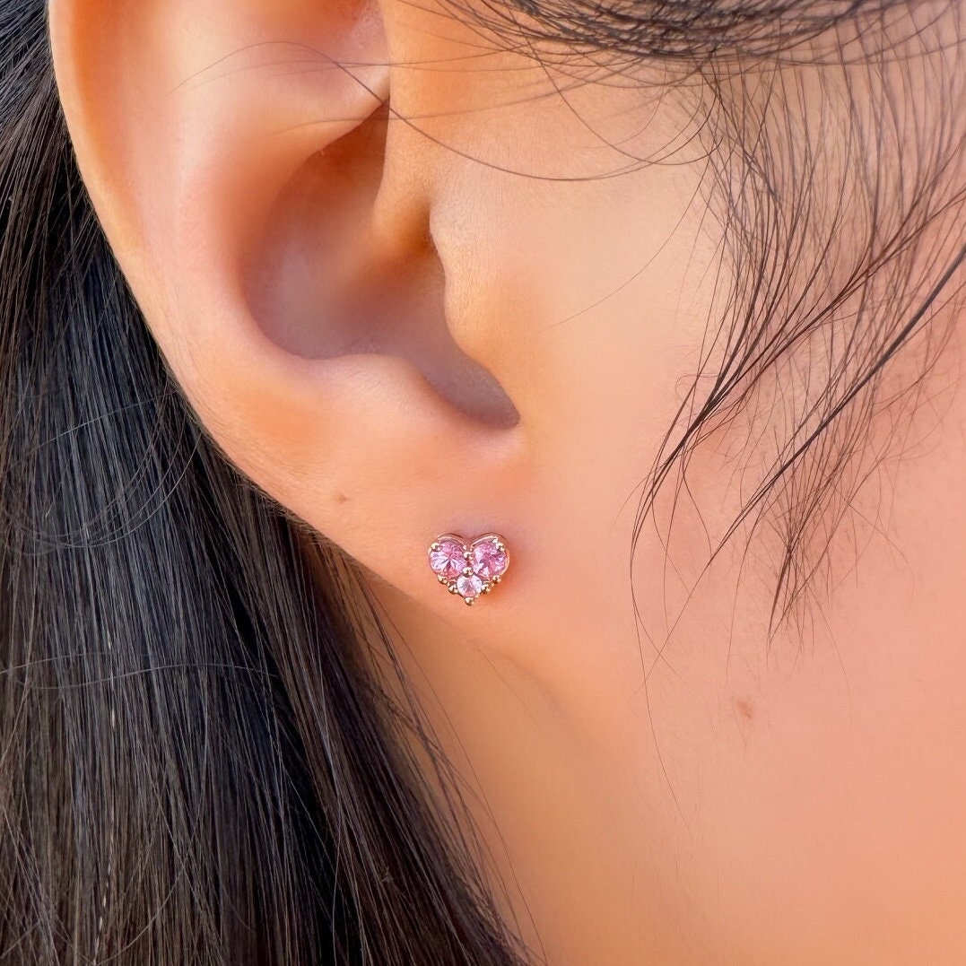 Natural Pink Sapphire Studs / 14k Solid Gold Heart Earrings
