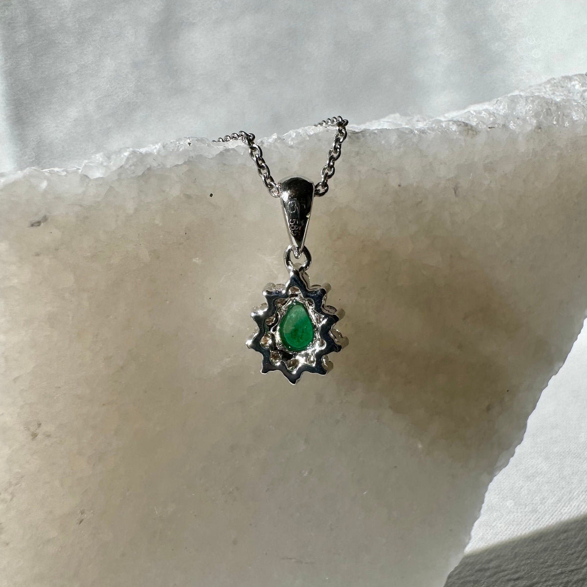 Genuine Emerald and Diamond Pear Cut Flower Pendant | 14k Solid Gold
