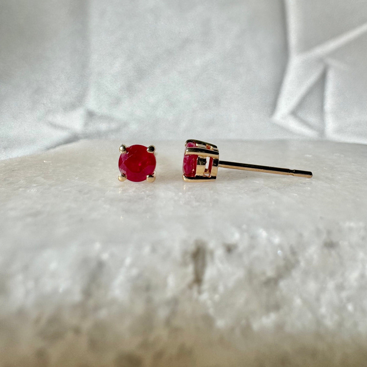 Genuine Ruby Solitaire Stud Earrings, 4mm Round Cut, 14k Yellow Gold, July Birthstone Gift