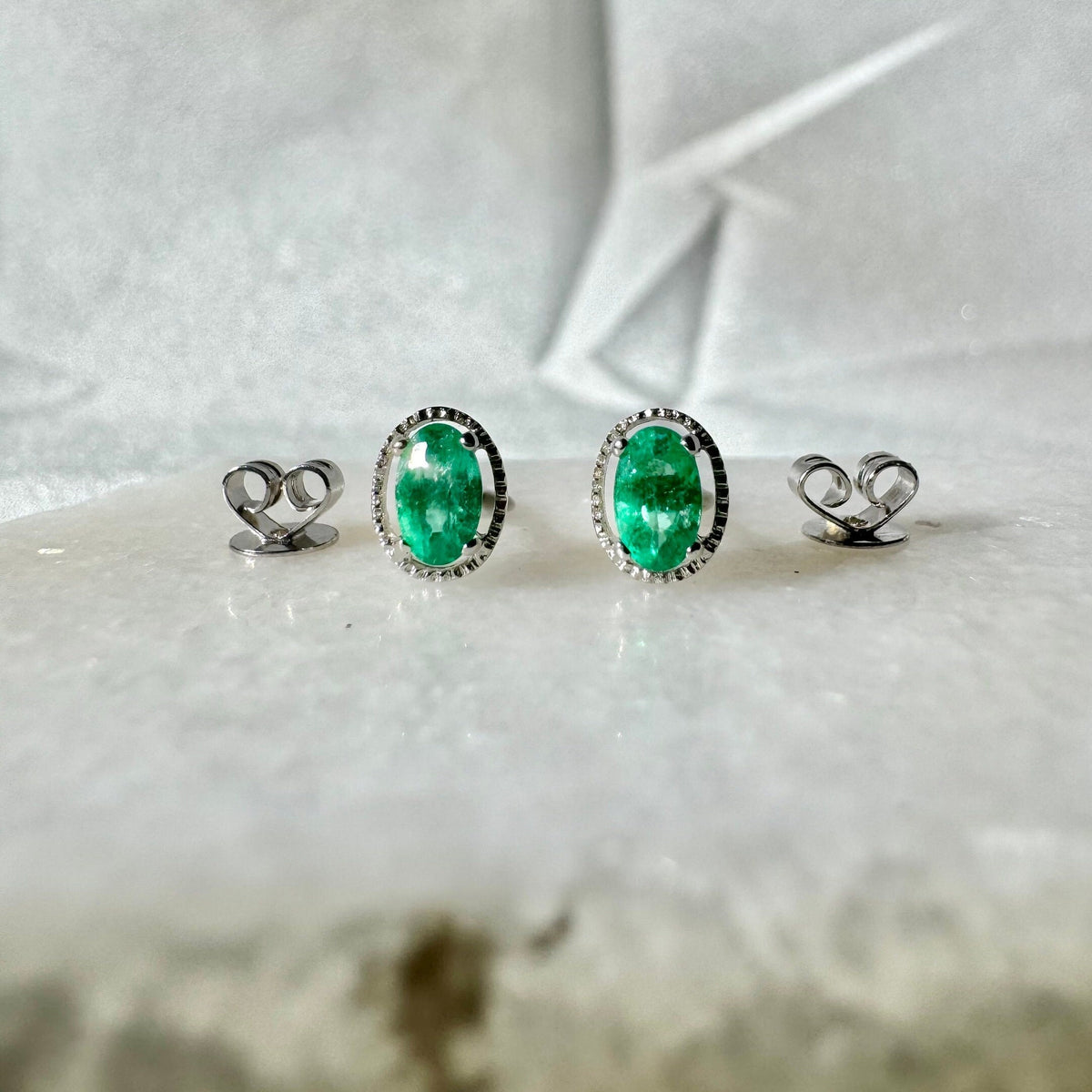 14k White Gold Oval Emerald Stud Earrings, May Birthstone, Solid Gold Jewelry