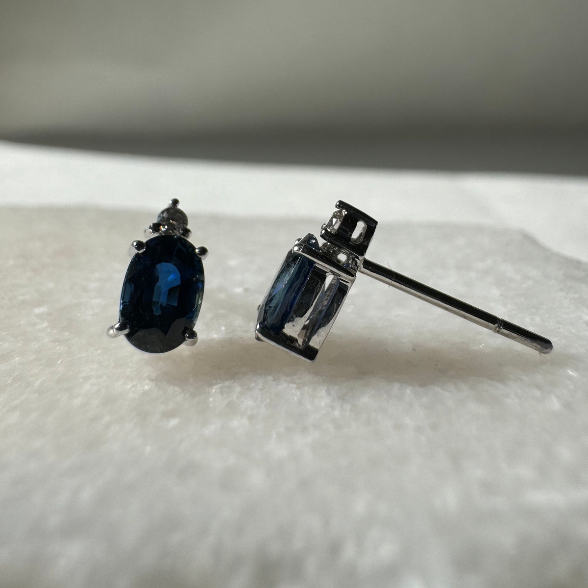 Genuine Sapphire and Diamond Oval Stud Earrings in 14k and 18k Solid Gold
