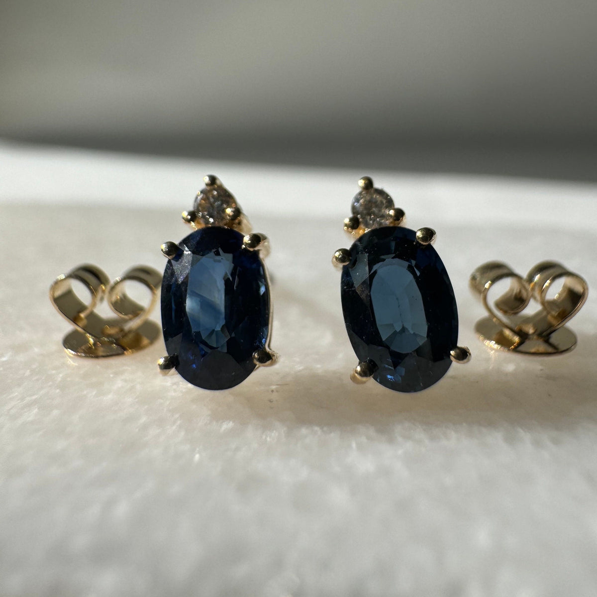 Genuine Sapphire and Diamond Oval Stud Earrings in 14k and 18k Solid Gold