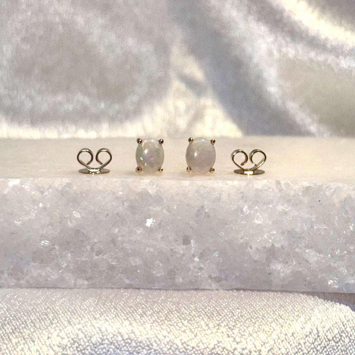 Genuine Opal Oval Cut Solitaire Stud Earrings in 14k Solid Gold