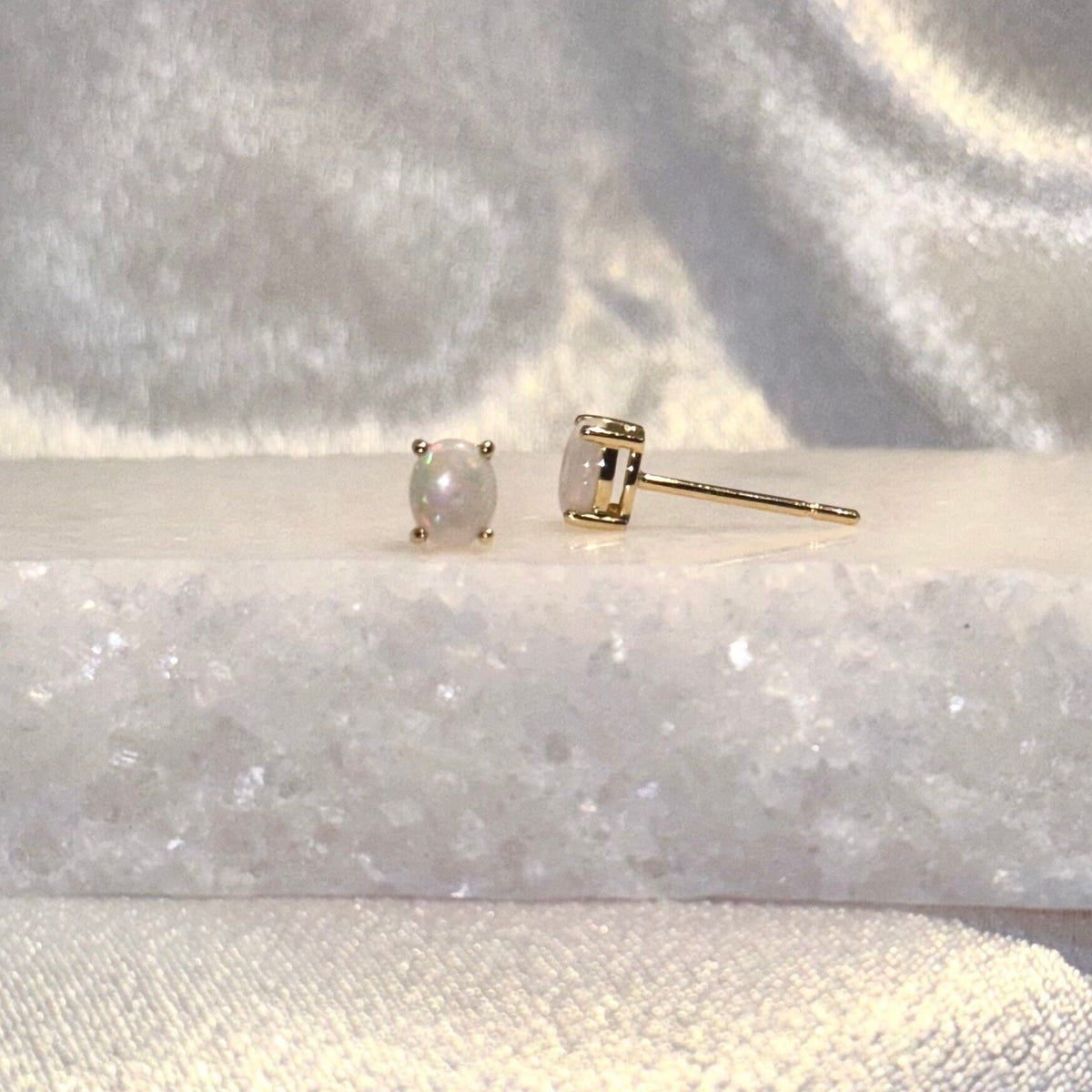 Genuine Opal Oval Cut Solitaire Stud Earrings in 14k Solid Gold