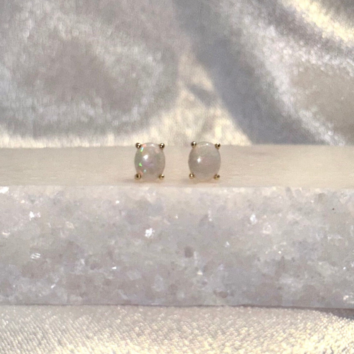 Genuine Opal Oval Cut Solitaire Stud Earrings in 14k Solid Gold