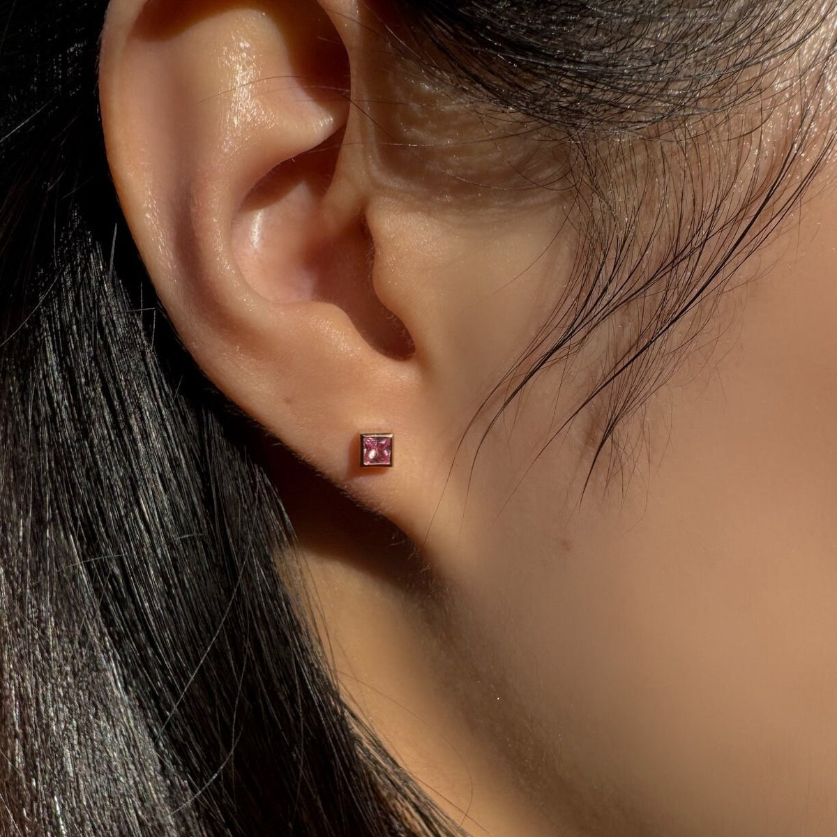 Genuine Pink Sapphire Princess Cut with Square Gold Edge Stud Earrings / 14k Solid Gold