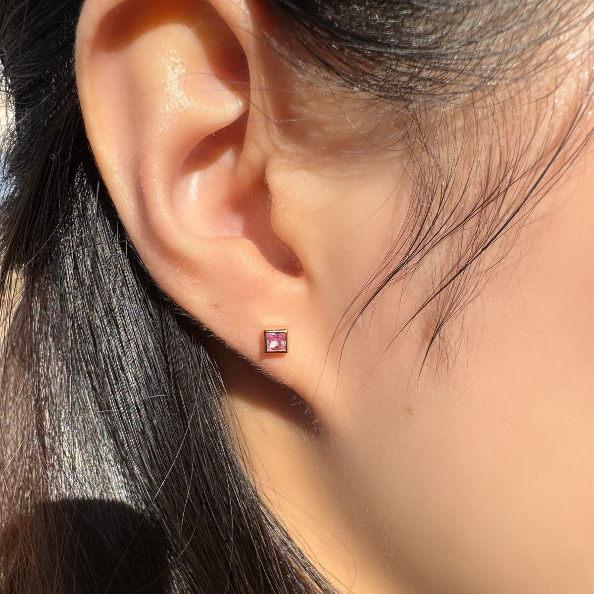Genuine Pink Sapphire Princess Cut with Square Gold Edge Stud Earrings / 14k Solid Gold