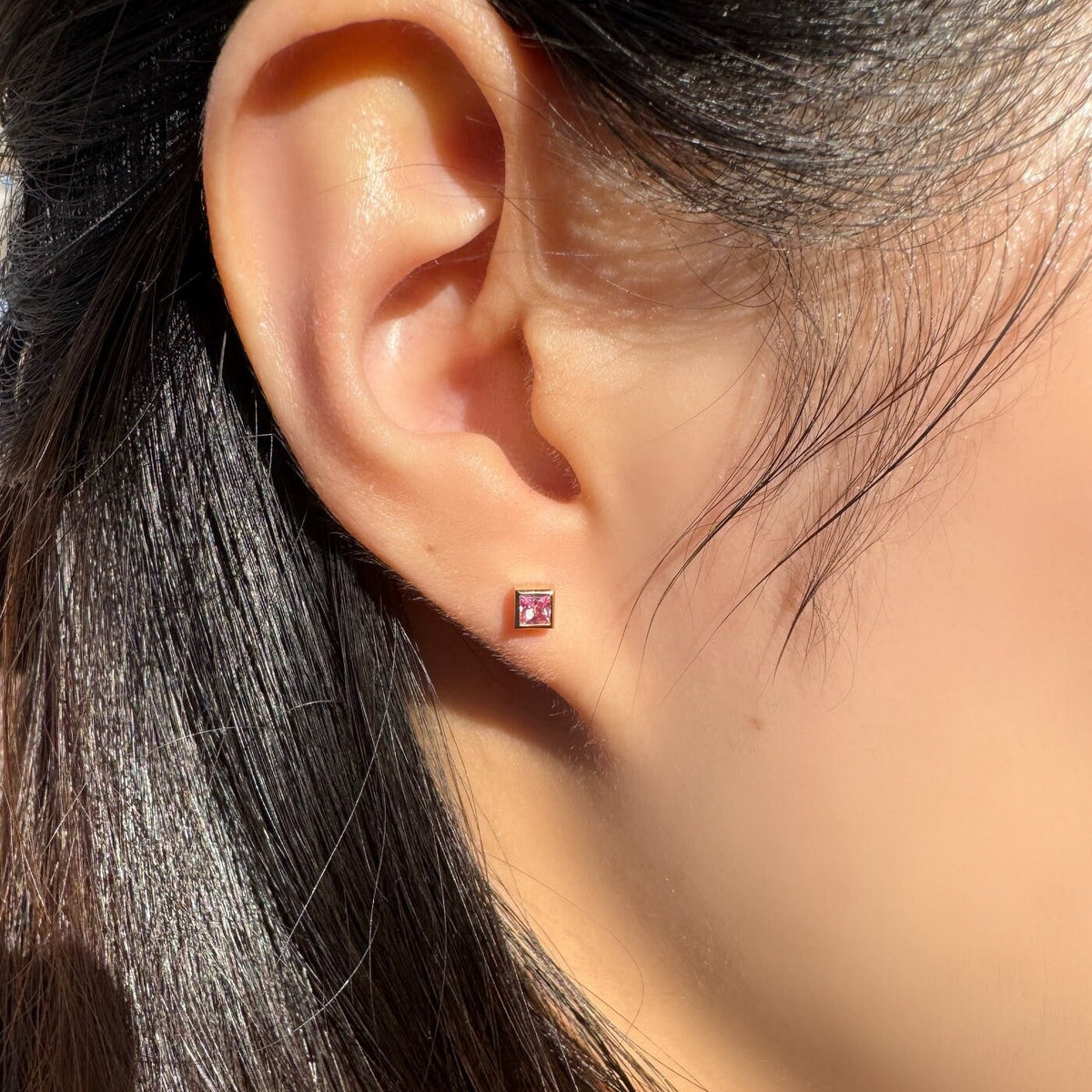 Genuine Pink Sapphire Princess Cut with Square Gold Edge Stud Earrings / 14k Solid Gold