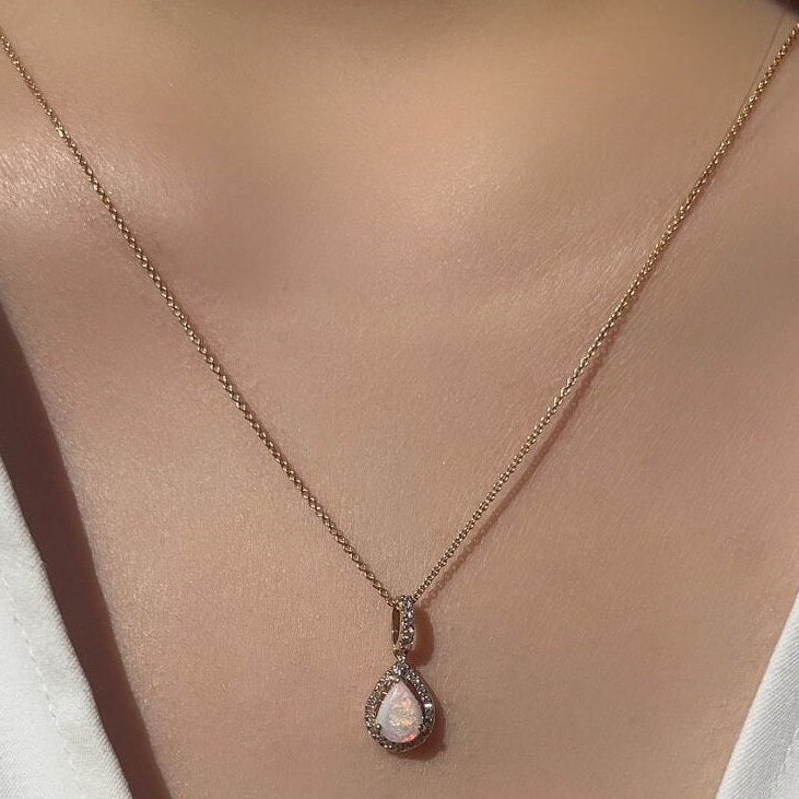 18k Solid Yellow Gold Pear Opal Diamond Pendant