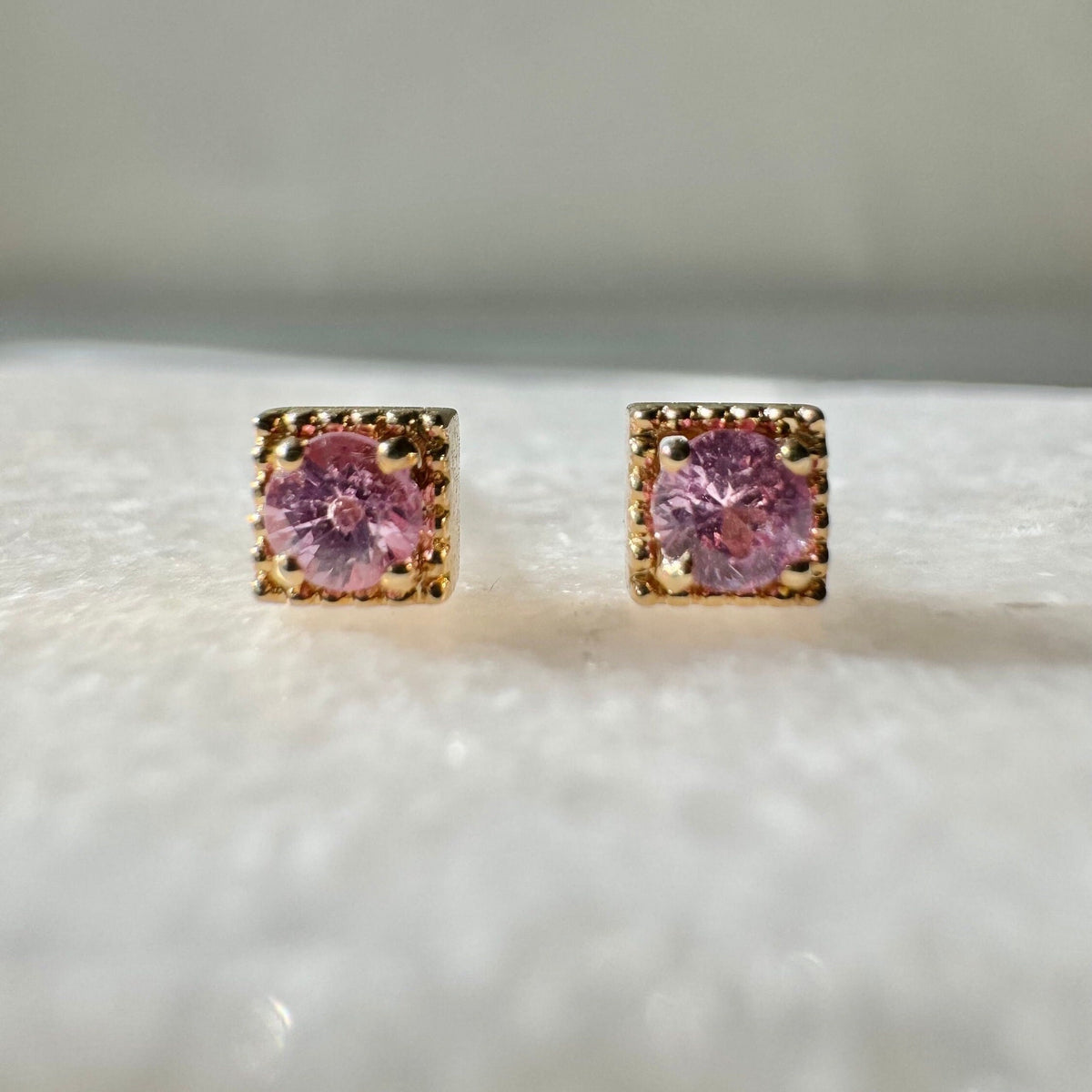Genuine Pink Sapphire Round Stud Earrings, Square Gold Trim in 14k and 18k Solid Gold